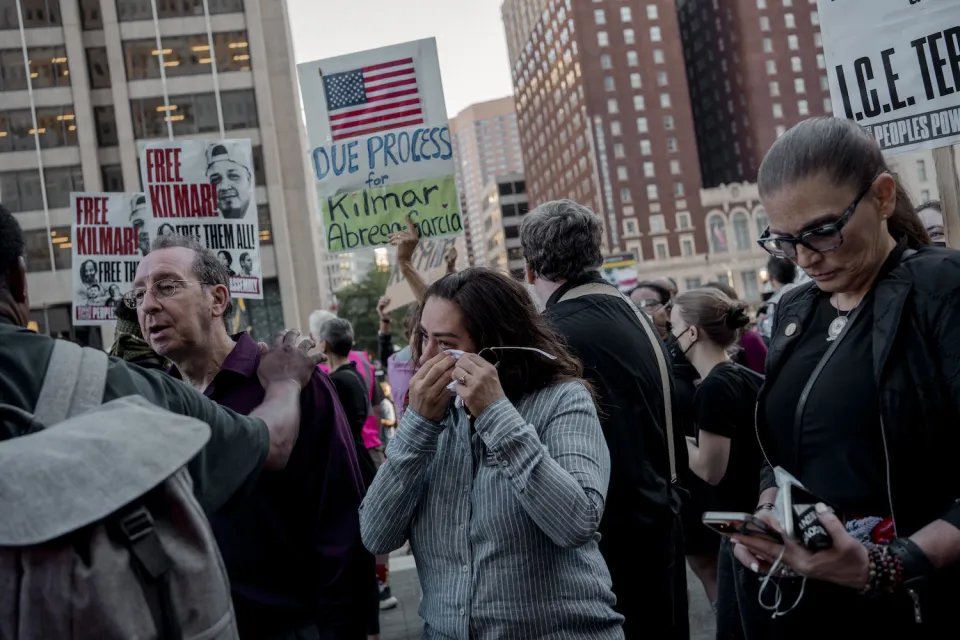 Protesters gather outside Baltimore Immigration Court as Kilmar Abrego Garcia appears inside