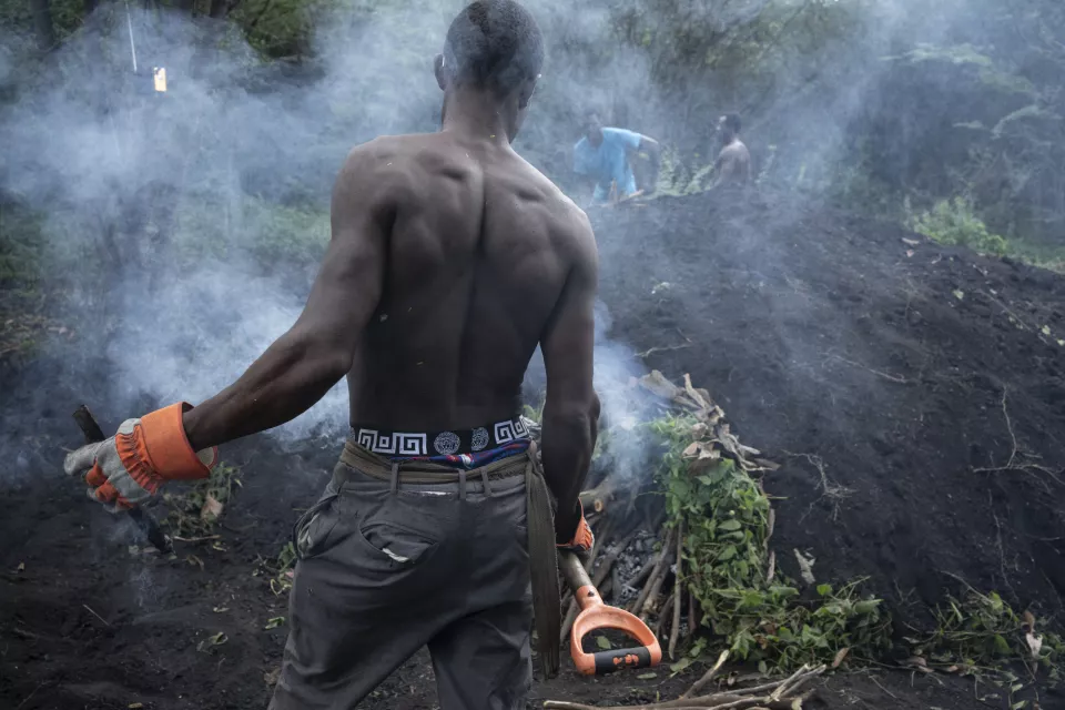 Man's back view holding orange chainsaw in field with thick smoke