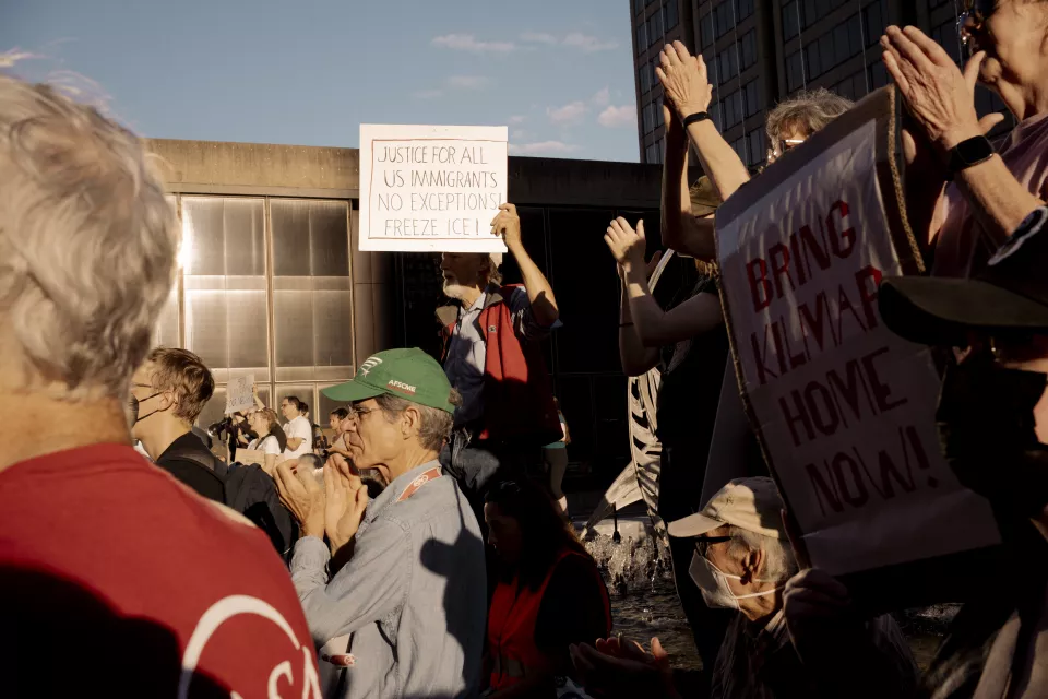 Out side - sunny day - Protests in support of Kilmar Abrego Garcia. The man faces deportation to Uganda. Originally from El Salvador, he was the victim of a mistake by the Trump II administration